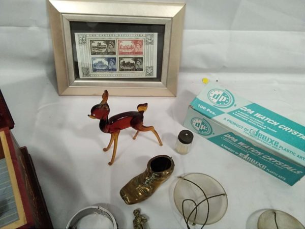 lot 238 cocktail watch, jewellery, watch crystals, framed stamps etc - Image 6