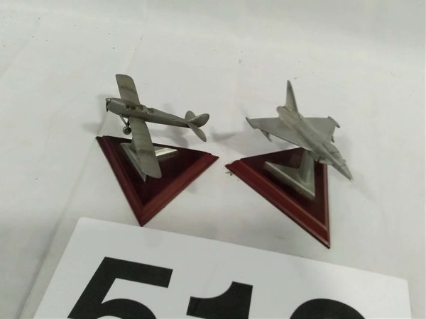 lot 510  2 x model pewter aeroplanes on plinth The Tiger Moth & Eurofighter