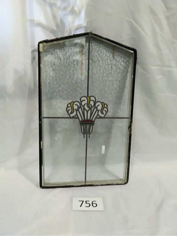 lot 756 leaded glass with Welsh feathers design approx 15″ x 26.5″