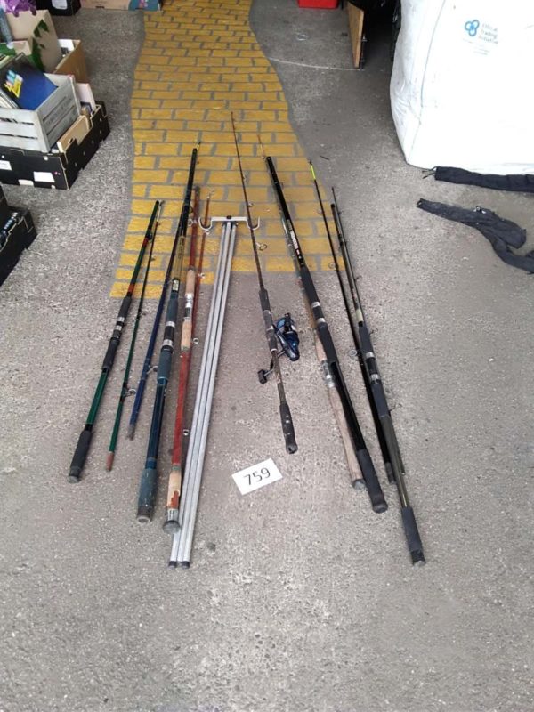 lot 759 various fishing rods beach casters, boat rod, rod rest etc