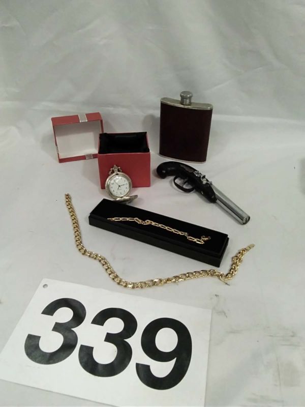 lot 339 novelty lighter, hip flask, pocket watch, costume jewellery