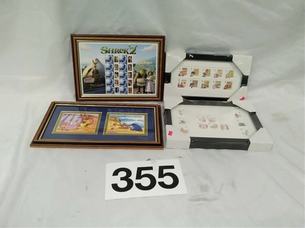 lot 355 4 sets of framed stamps – Shrek, Comics, Winnie the pooh & Roald Dahls BFG