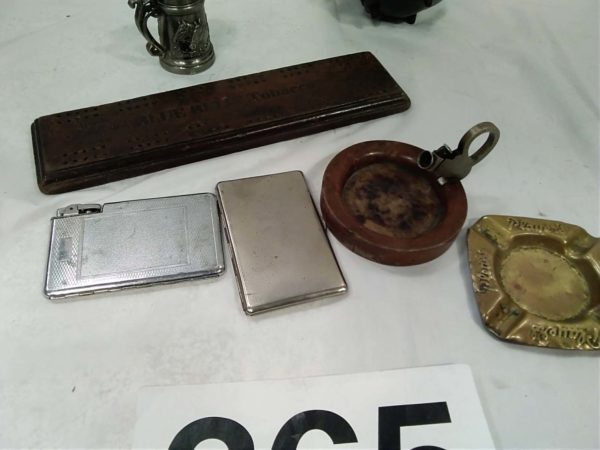 lot 365 Tobaccainia table top cigar cutter/ashtray, cigarette case’s inc 1954 coronation & art deco pot holder, Blue Bell Tobacco score board etc - Image 6