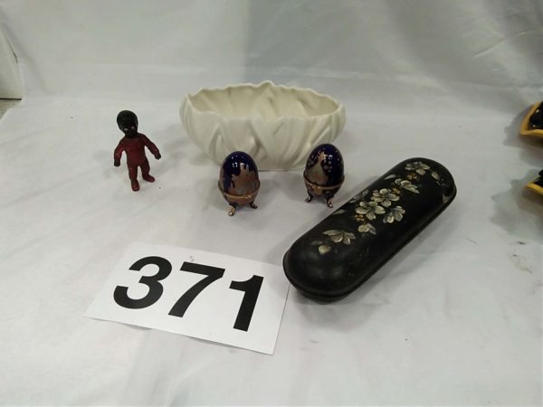 lot 371 Slyvac dish, rubber doll, Limoges trinket eggs, paper Mache canal art container