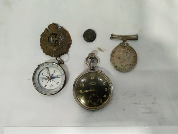 lot 393 WW2 pocket watch, compass, medal & cap badge