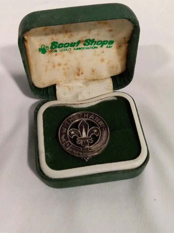 lot 057 cased sterling silver scouting with thanks badge