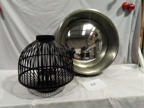 lot 084 large metal circular mirror & candle lantern