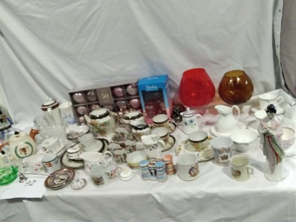 lot 092 glass ware, china, owl candle snuffer,tea pots etc