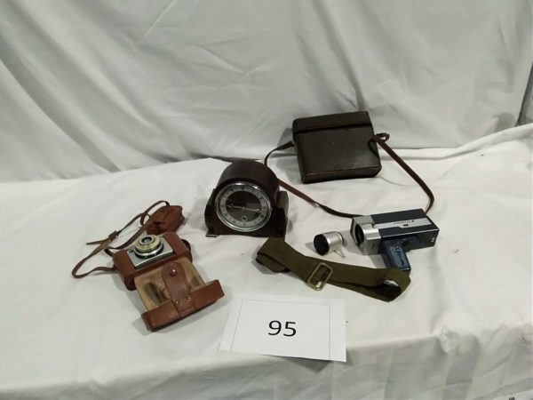 lot 095 wooden mantle clock, video camera & Camera