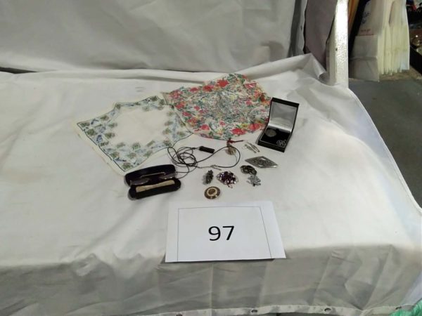 lot 097 silk hankerchiefs, brooches, necklaces, pendant, spectacles