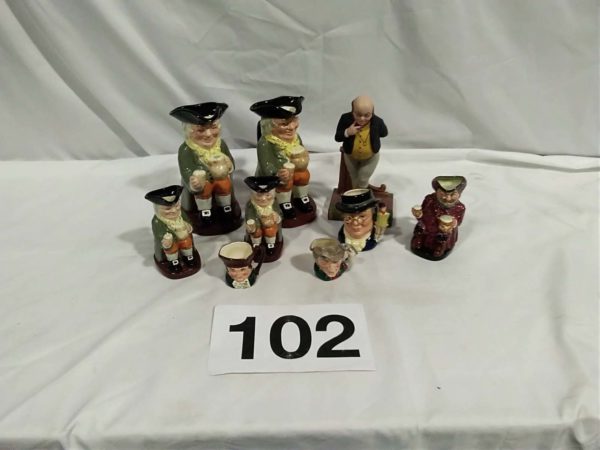 lot 102 Toby Jugs Royal Doulton Happy John, Mr Pickwick, Sir John Falstaff