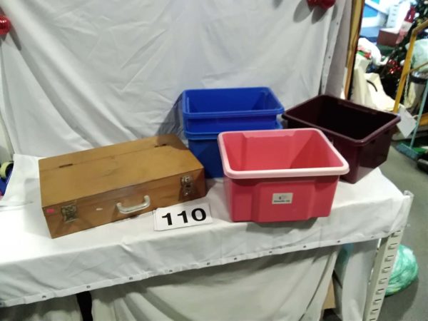 lot 110 wooden tool box & plastic storage boxes