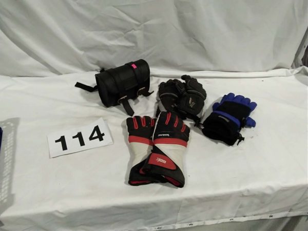 lot 114 3 pairs of motor cycle gloves & motor cycle tool bag