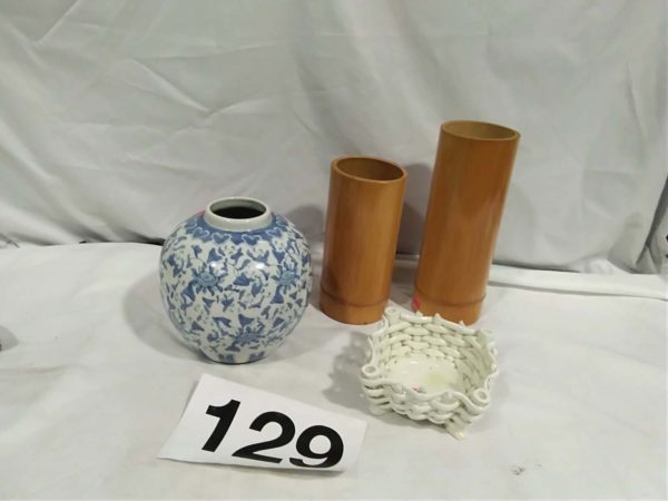 lot 129 Chinese vase, bamboo paint brush holders & lattice effect dish