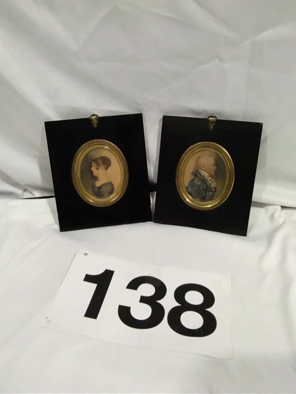 lot 138 pair of antique hand coulored miniature portraits - Image 2