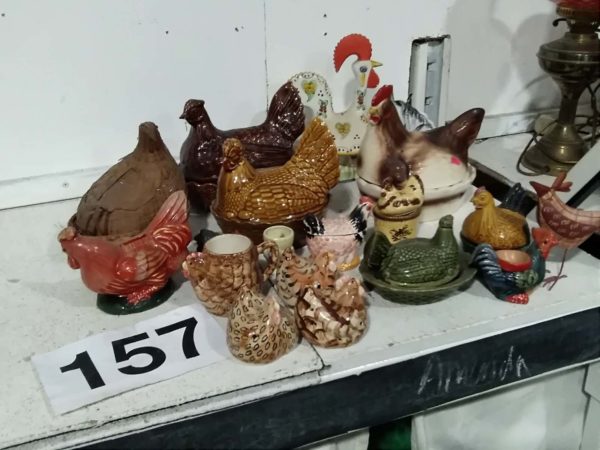 lot 157 quantity of chicken items, egg holders, money  box, egg cups etc