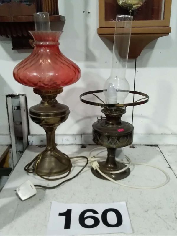 lot 160 oil lamps one with pink shade( converted to electric)