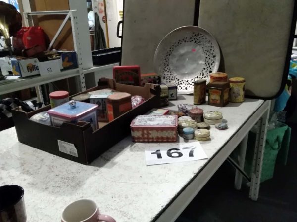 lot 167 advertising tins & large metal charger