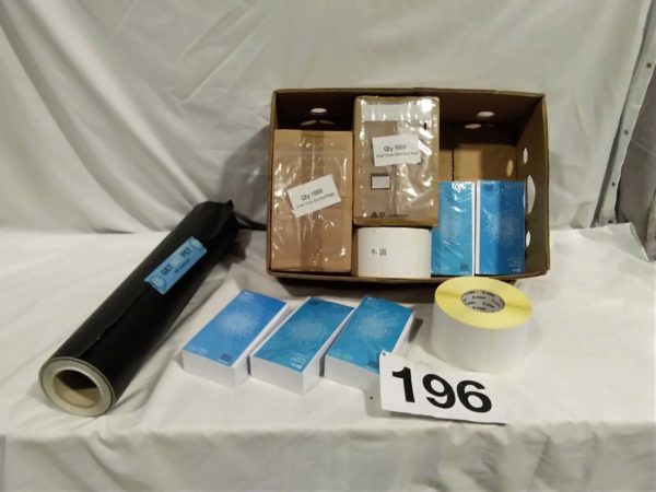 lot 196 box of stationary items & roll of black vinyl