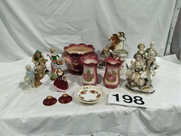 lot 198 Victorian flat back ornament,  KH Pottery Staffordshire plant pot & vase set