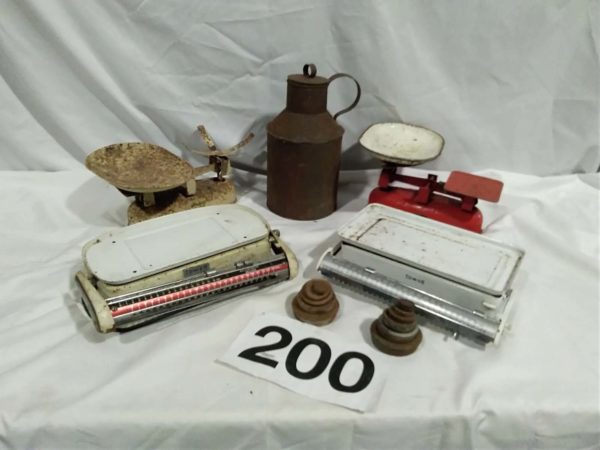 lot 200 1950’s kitchen scales & milk churn