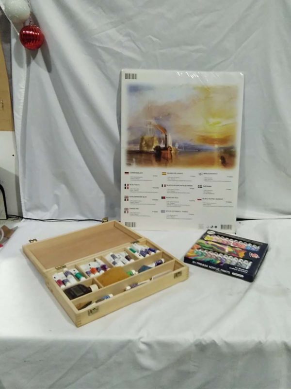 lot 204 artist canvas pad, paint box & contents, etc.