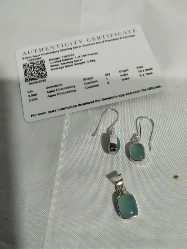 lot 234 8.5 aqua chalcedony sterling silver earrings & pendant set