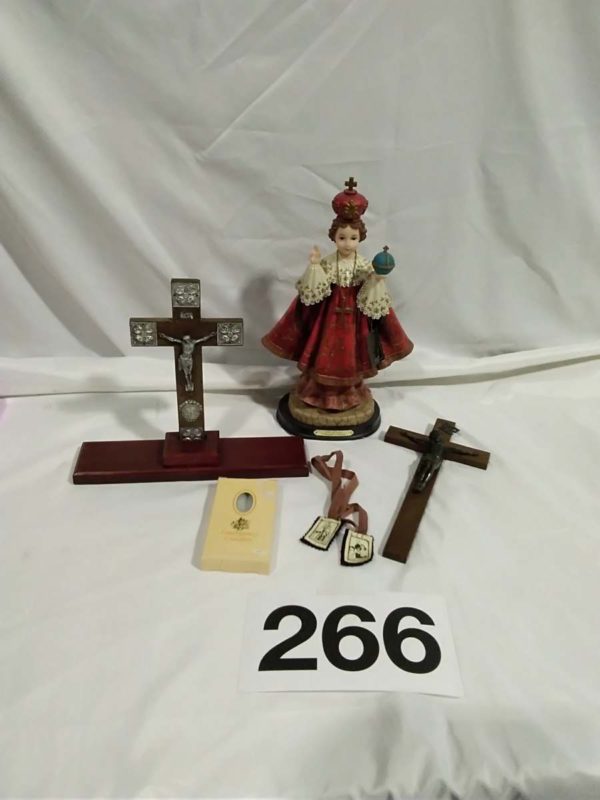 lot 266 religious items – figure, crucifix’s, candles