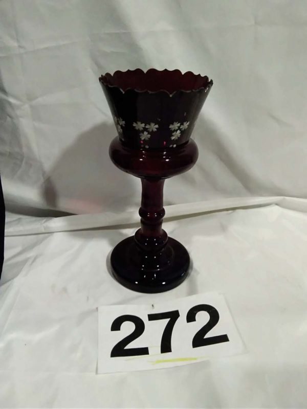 lot 272 tall Cranberry glass dish / lustre vase ( small chip on rim)