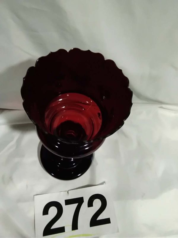 lot 272 tall Cranberry glass dish / lustre vase ( small chip on rim) - Image 3