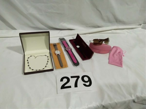 lot 279 3 ladies watches, necklace & Foxie glasses