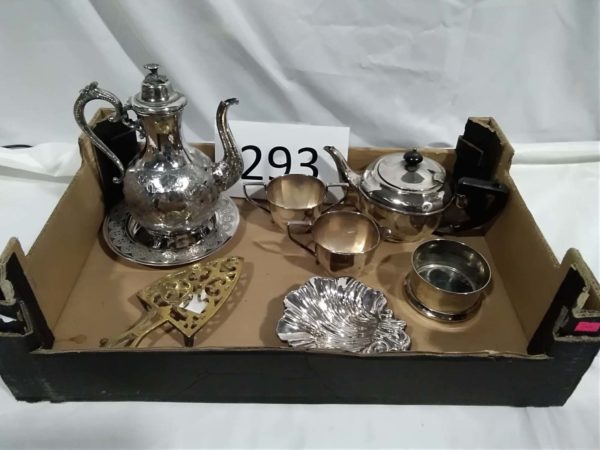 lot 293 quantity of plated ware inc 3 piece tea set & brass Trivet