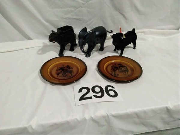 lot 296 2 elephant ornaments, a bull & pair of horse plates