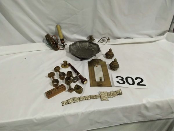 lot 302 metal items , metal belt dish etc