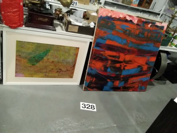 lot 328 large abstract oil on canvas & One othe unglazed