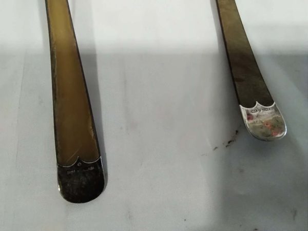 lot 364 antique pair of Scottish cow horn sterling silver mounted serving spoons - Image 4