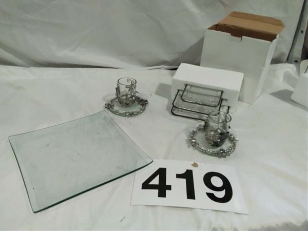 lot 419 glass candle holders & plates