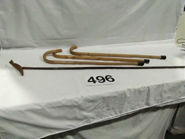 lot 496 3 walking sticks & carved thumb stick