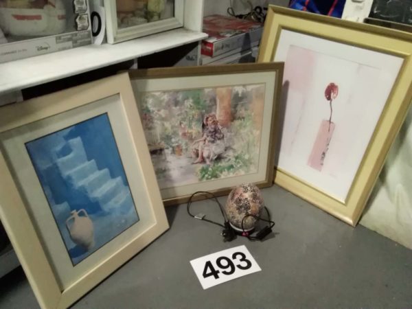 lot 493 3 framed prints & mosiac effect lamp