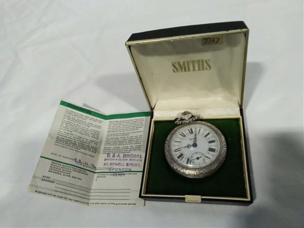 lot 505 Vintage Smiths pocket watch – original case & paperwork