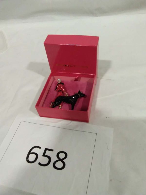 lot 658 boxed Butler & Wilson Brooch – woman walking dog