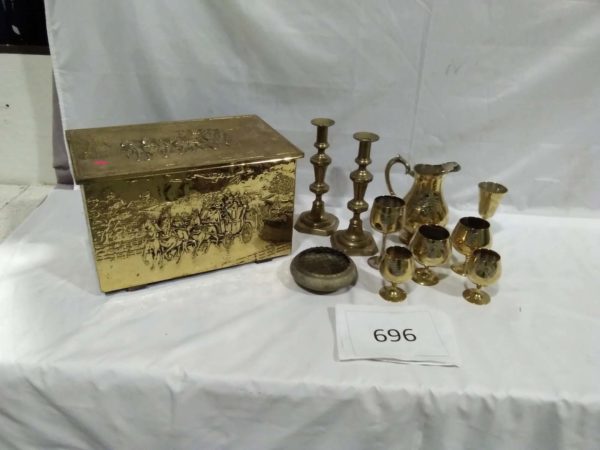 lot 696 brass fire box, candle sticks, goblets & jug