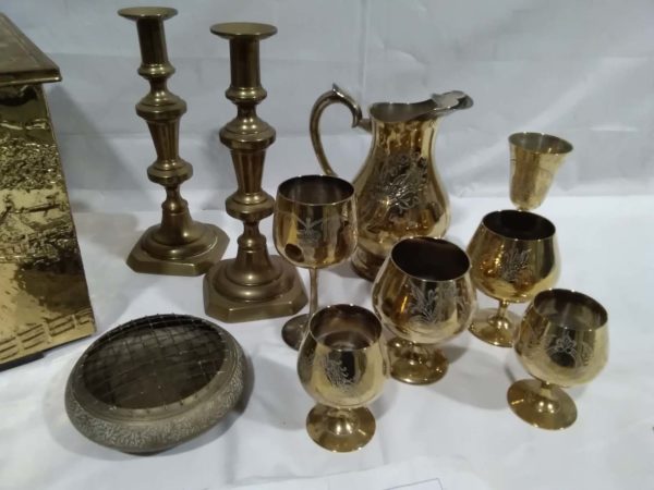 lot 696 brass fire box, candle sticks, goblets & jug - Image 3