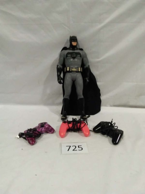 lot 725 19″ batman figure & games controllers (not tested)