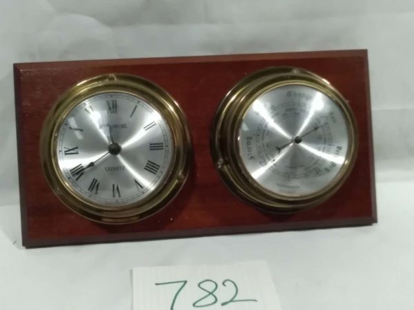 lot 782 brass mounted clock & barometer