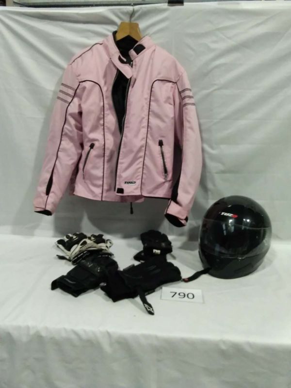 lot 790 Tuzo motorcycle helmet, ladies jacket 16L & 4 pairs of gloves