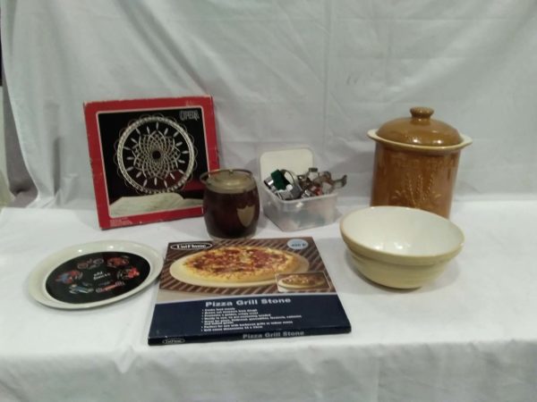 lot 796 epns & oak ice bucket with liner, bread crock, crystal plate, tray etc