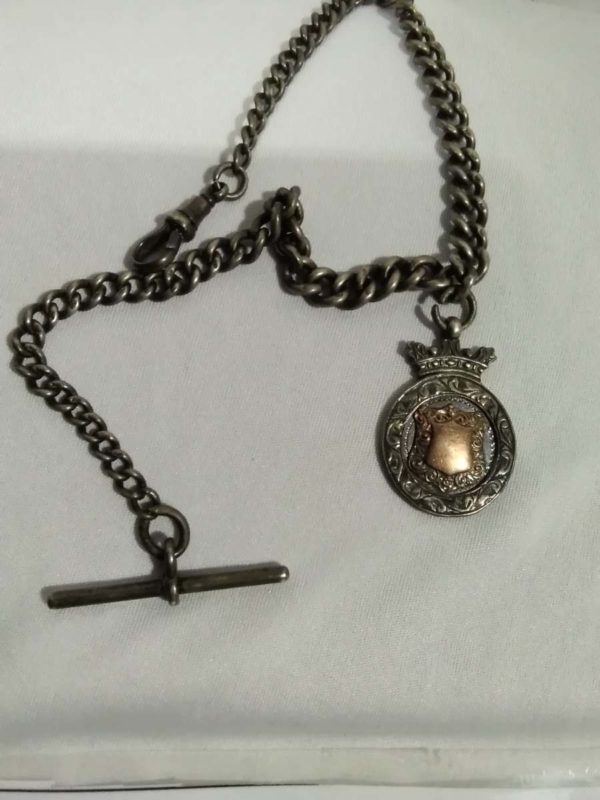 lot 856 antique sterling silver Albert watch chain with medal