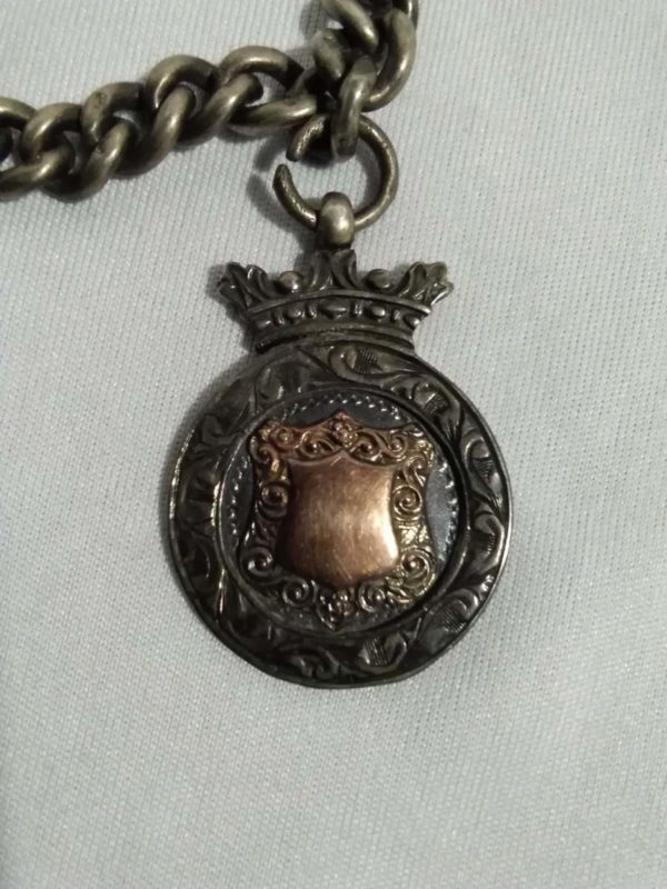 lot 856 antique sterling silver Albert watch chain with medal - Image 4