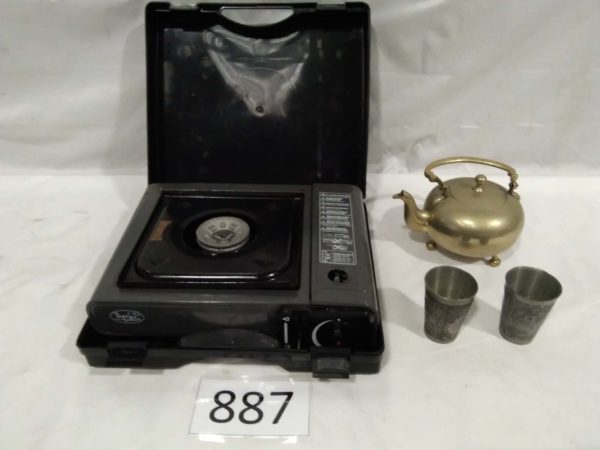 lot 887 camping gas stove, metal cups, brass teapot - Image 2